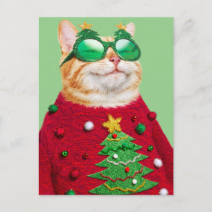 Katze im hässlichen Weihnachtspullover Einladungspostkarte
