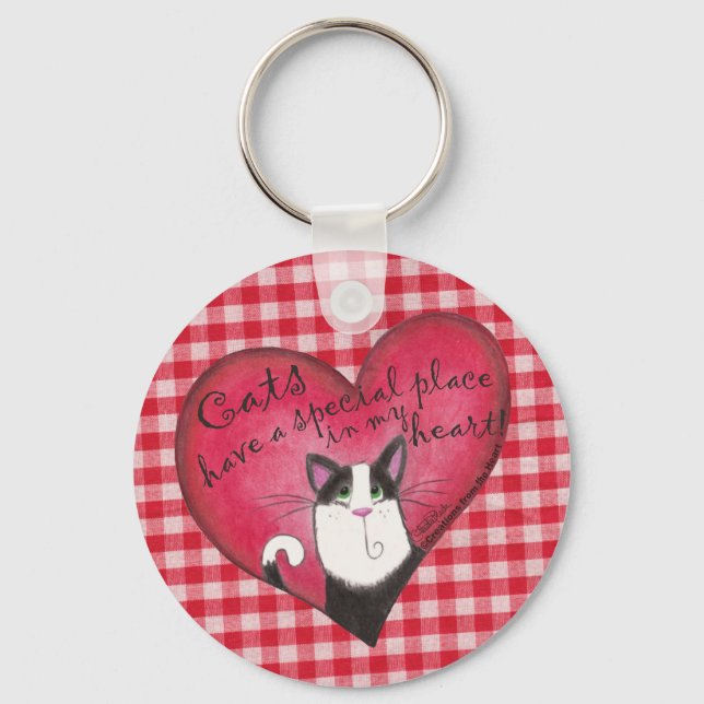 Katze im Herzen von Red & White Gingham Schlüsselanhänger (Vorderseite)