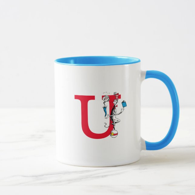 Katze im Hut Balancierakt Monogramm U Tasse (Rechts)