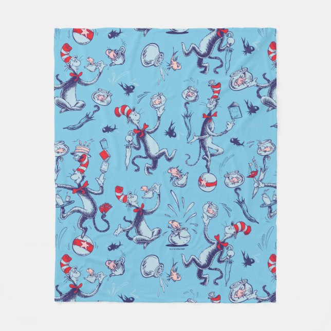 Katze im Hut | Blaues Muster Fleecedecke (Vorderseite)