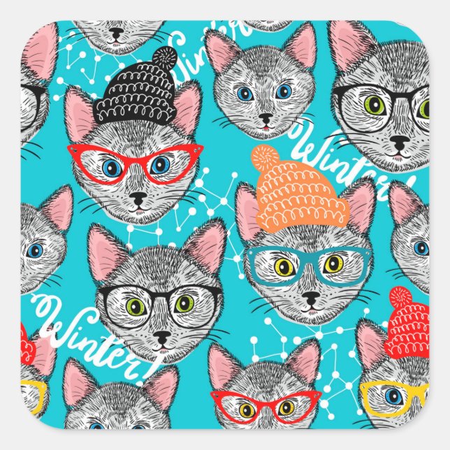 Katze im Hut Quadratischer Aufkleber (Vorderseite)