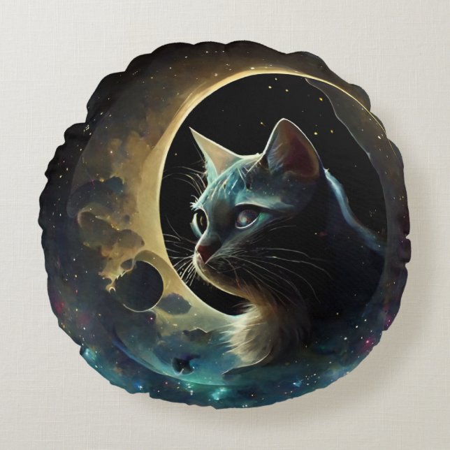 Katze im Mondkissen Rundes Kissen (Vorderseite)