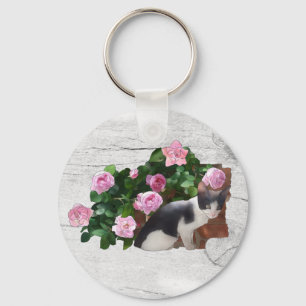 Katze im Rosenbusch Schlüsselanhänger