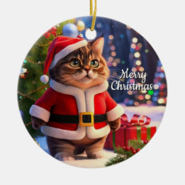 Katze im Santa-Outfit Keramik Ornament