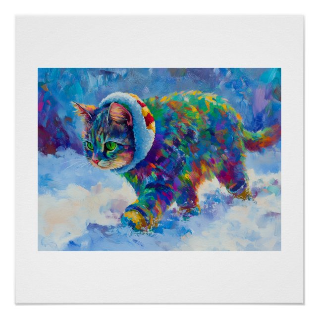 Katze im Schnee mit Ohrenschützern Poster (Vorderseite)