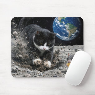 Katze im Smoking gräbt einen Mondkrater mit einer  Mousepad