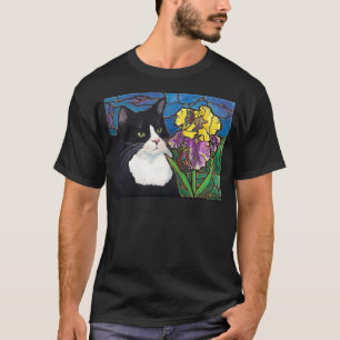 Katze im Smoking Iris-Blume Schmetterling Buntglas T-Shirt