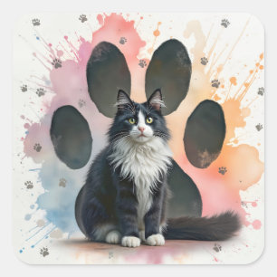 Katze im Smoking mit einem Pfotenabdruck-Hintergru Quadratischer Aufkleber