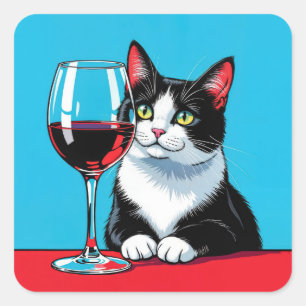 Katze im Smoking mit Rotwein Quadratischer Aufkleber