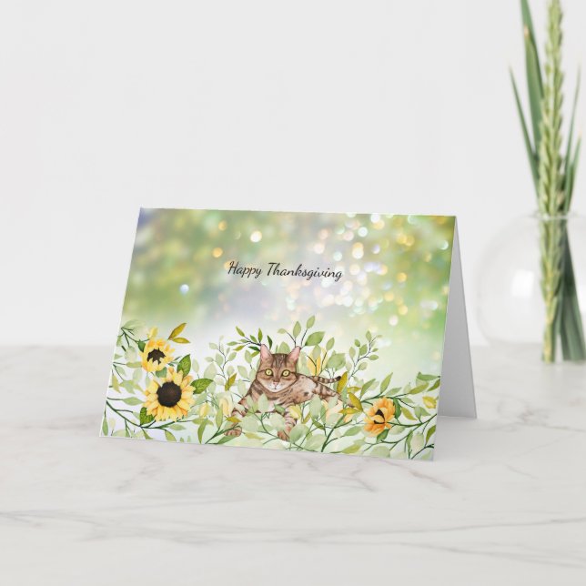 Katze im Sonnenblumen-Erntedank Karte (Vorderseite)