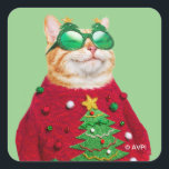 Katze im Ugly Christmas Sweater Quadratischer Aufkleber<br><div class="desc">Mögen alle deine Pullover hässlich und hell sein! | Avanti,  die Global Spaß Brand™ unterhält die Welt seit über 40 Jahren mit ihren Feel Good Funny Grußkarten. Unsere Figuren leben das Leben voll und ganz und feiern den Spaß im Alltag.</div>