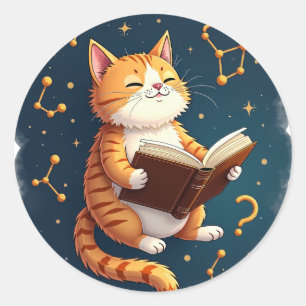 Katze im Weltraum liest kosmologisches BuchTok-Ast Runder Aufkleber