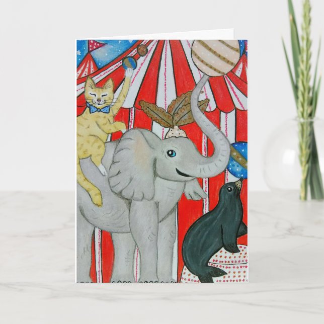 Katze im Zirkus mit Elefanten und Siegel Karte (Vorderseite)