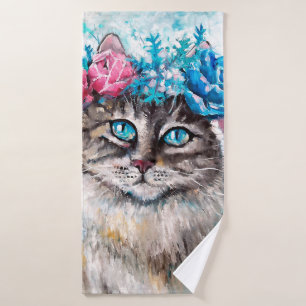 Katze in Blume Ölmalerei auf Leinwand. Winte Badehandtuch