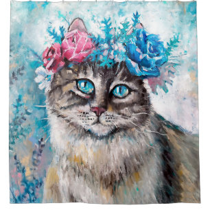 Katze in Blume Ölmalerei auf Leinwand. Winte Duschvorhang