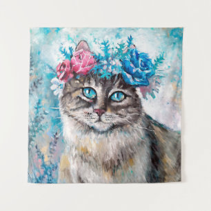 Katze in Blume Ölmalerei auf Leinwand. Winte Wandteppich