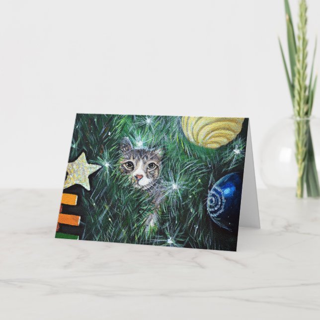 Katze in der Weihnachtsbaummalerei Karte (Vorderseite)