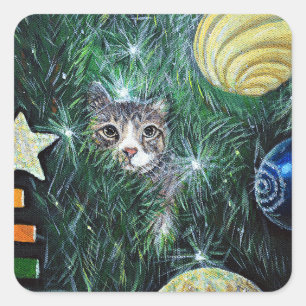 Katze in der Weihnachtsbaummalerei Quadratischer Aufkleber