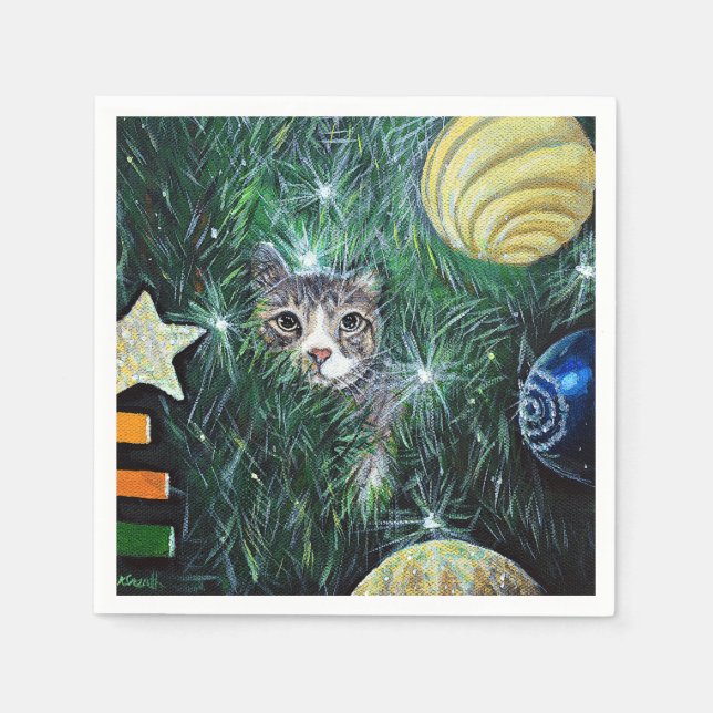 Katze in der Weihnachtsbaummalerei Serviette (Vorderseite)