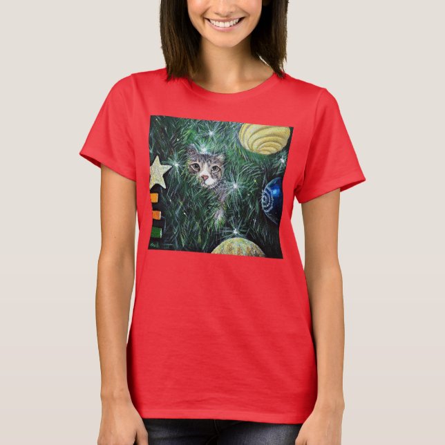 Katze in der Weihnachtsbaummalerei T-Shirt (Vorderseite)