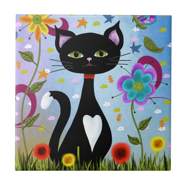 Katze in einem Garten Abstrakte Kunst Fliese (Vorderseite)