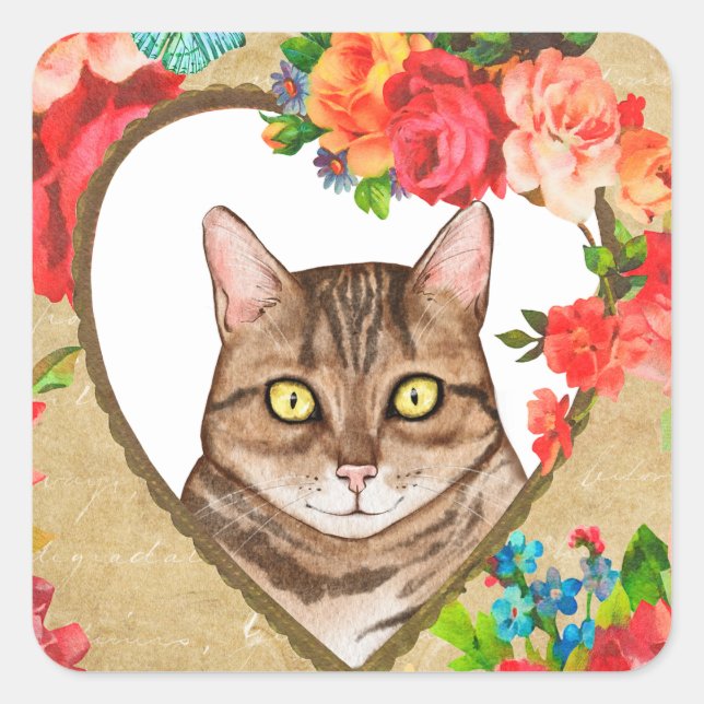 Katze in einem Heftrahmen Valentinsticker Quadratischer Aufkleber (Vorderseite)