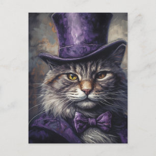 Katze in einem lila Zylinder Vintage Postkarte