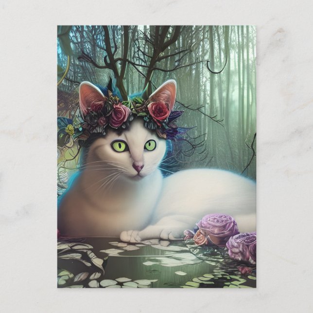 Katze in einem magischen Wald AI Generierte Kunst Postkarte (Vorderseite)