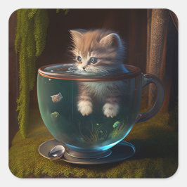 Katze in einem Teacup | Kitten in einem Teacup Cat Quadratischer Aufkleber