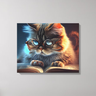 Katze in einer Brille, die ein Buch liest Leinwanddruck