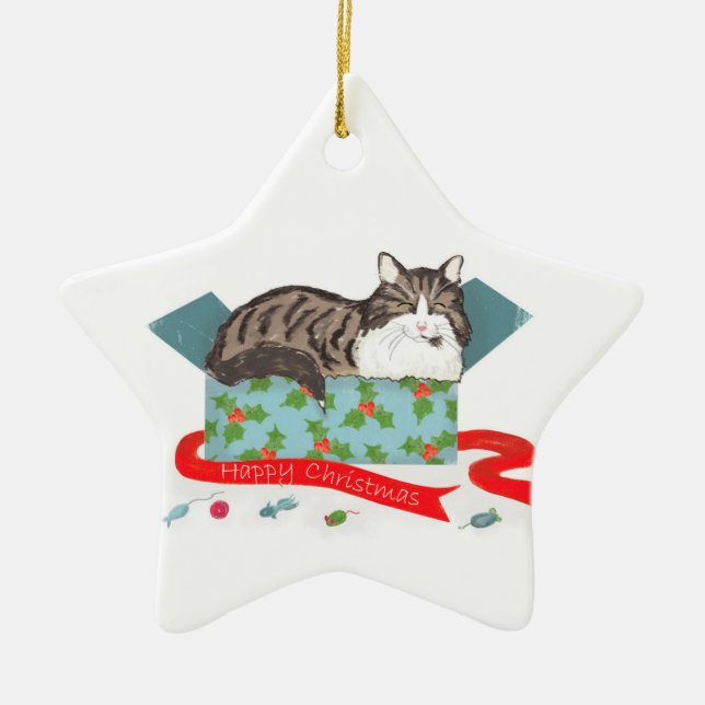 Katze in einer Kiste personalisierte Weihnachtsbau Keramik Ornament (Vorne)