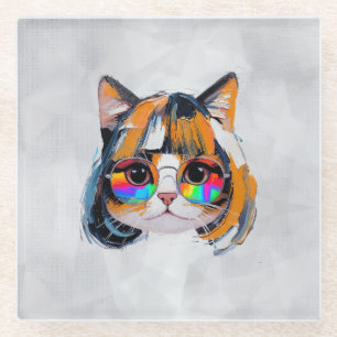 Katze in einer Perücke + Sonnenbrille (Gemälde #2) Glasuntersetzer