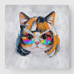 Katze in einer Perücke + Sonnenbrille (Gemälde #2) Quadratische Wanduhr