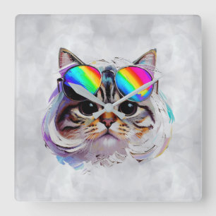 Katze in einer Perücke + Sonnenbrille (Gemälde #3) Quadratische Wanduhr