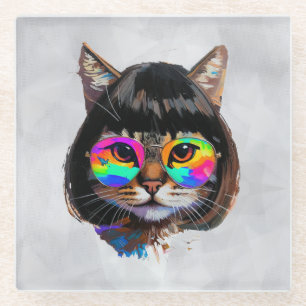 Katze in einer Perücke + Sonnenbrille (Gemälde #9) Glasuntersetzer