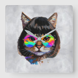 Katze in einer Perücke + Sonnenbrille (Gemälde #9) Quadratische Wanduhr
