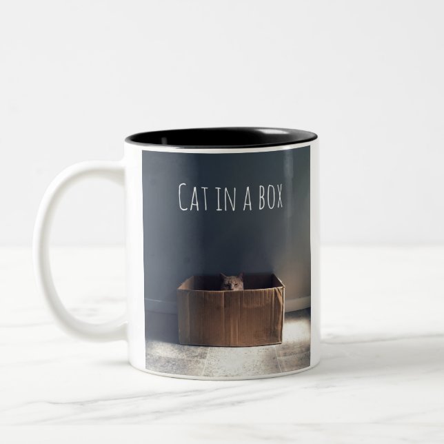 Katze in einer Schachtel. Der Zen-Katzenmeister. Zweifarbige Tasse (Links)