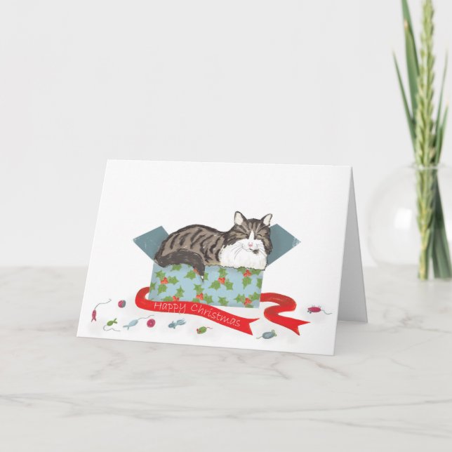 Katze in einer Schachtel Weihnachtskarte Karte (Vorderseite)