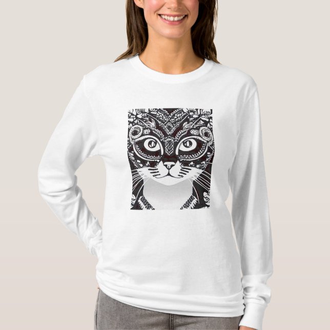 Katze in einer schwarz-weiß Mardi Gras Maske lange T-Shirt (Vorderseite)