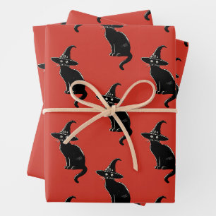 Katze in einer Vintagen Illustration mit Hexenhut Geschenkpapier Set