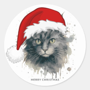 Katze in einer Weihnachtsmannmütze frohe Weihnacht Runder Aufkleber