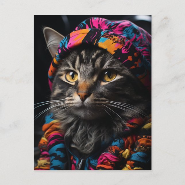 Katze in farbenfroher Retro-Kleidung Postkarte (Vorderseite)