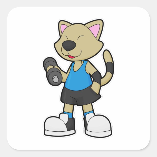 Katze in Fitness mit Dumbell Quadratischer Aufkleber (Vorderseite)