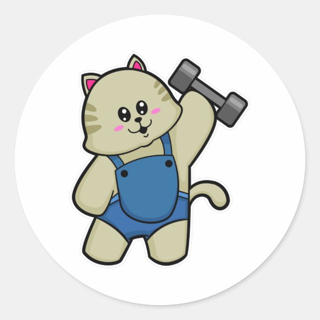 Katze in Fitness mit Dumbell Runder Aufkleber (Vorderseite)