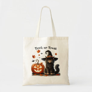 Katze in Hexenhutenhut Halloween-Trick oder Schwar Tragetasche