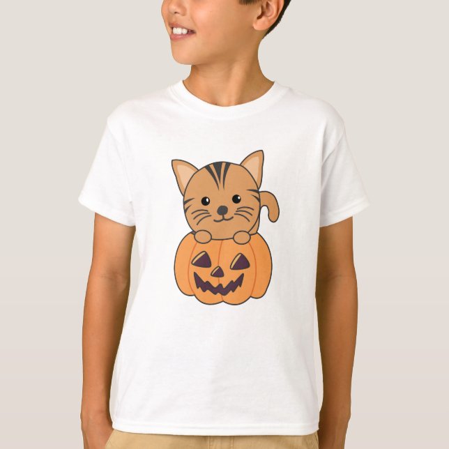 Katze in Kürbiskatzen Halloween T-Shirt (Vorderseite)