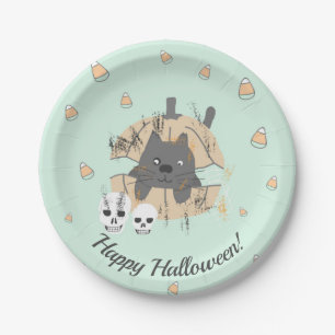 Katze in Kürbiskugel Kandy Mais Kids Halloween Pappteller