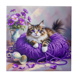 Katze in lila Garn und Blumen   Fliese