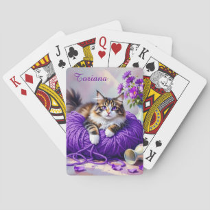 Katze in lila Garn und Blumen   Spielkarten