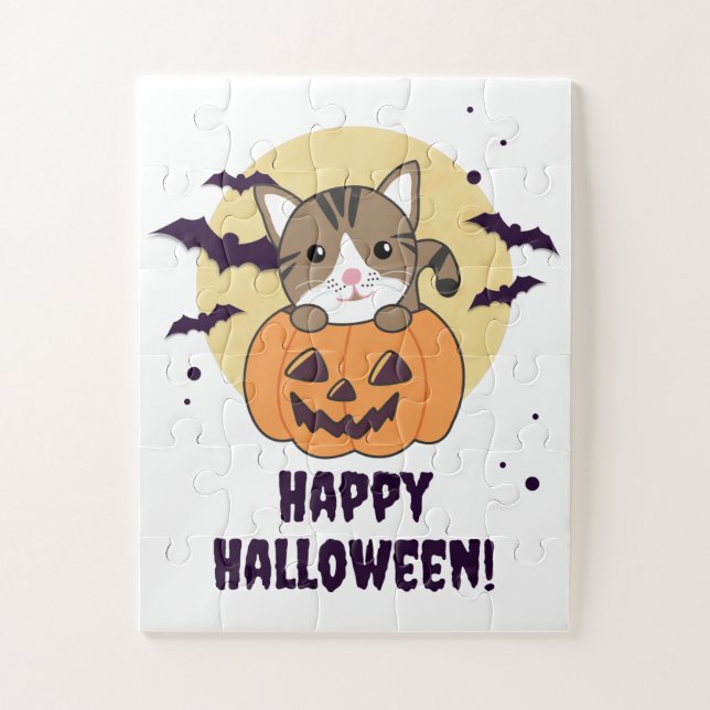 Katze in Pumpkin Sweet Cats Happy Halloween Jigsaw (Vertikal)